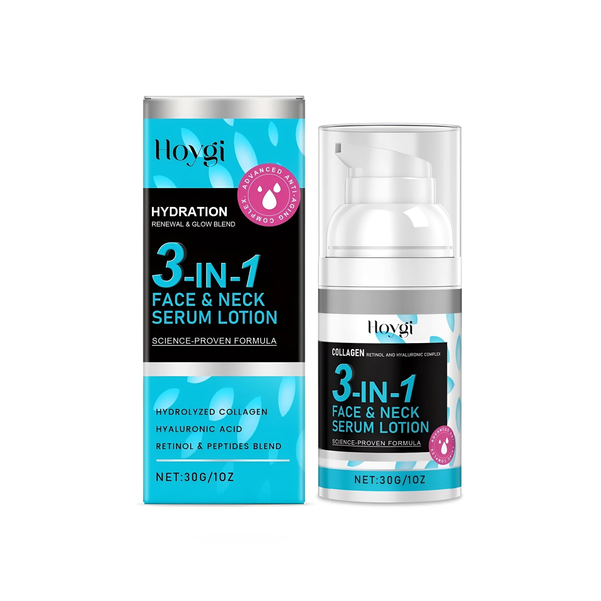 30g container of 3-in-1 face and neck serum lotion cream with collagen and retinol.