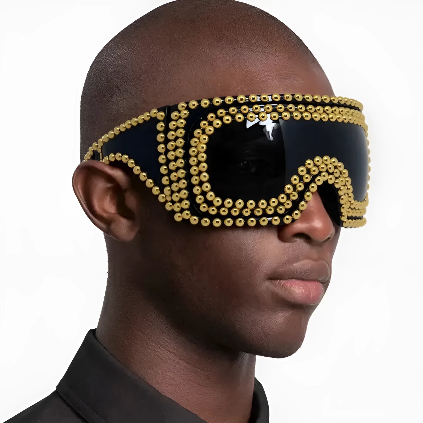 Men's punk-style sunglasses with large rim and square rivets in silver and gold colours