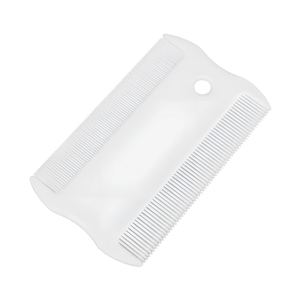 Small white plastic double-sided flea comb for dogs and cats on a plain background.