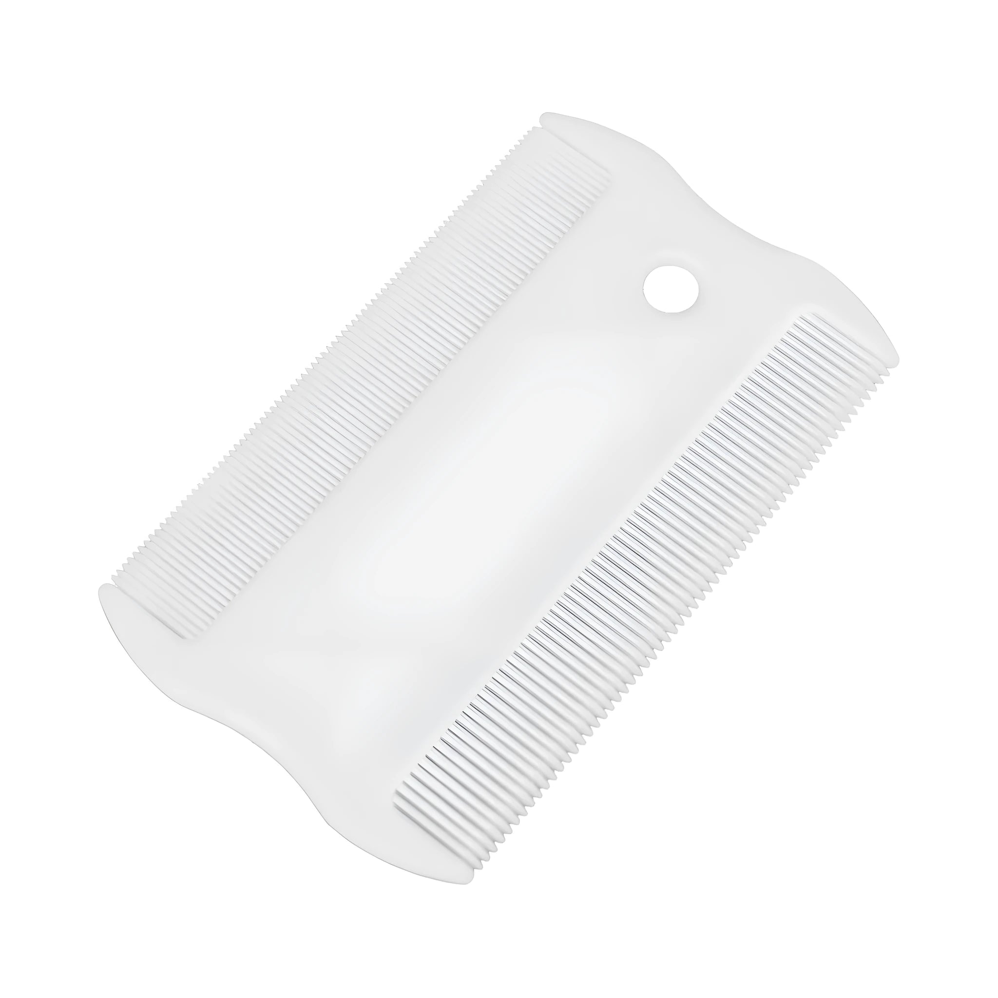 Small white plastic double-sided flea comb for dogs and cats on a plain background.
