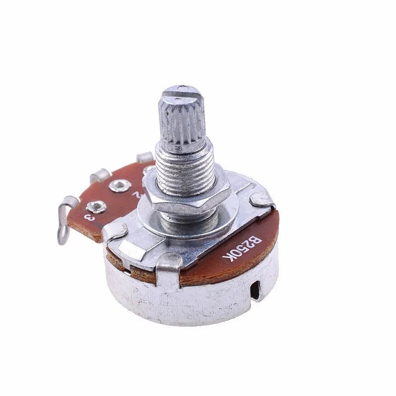 A single metal control knob for an electric guitar potentiometer.