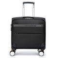 18-inch black Oxford cloth cabin suitcase with telescopic handle and wheels.
