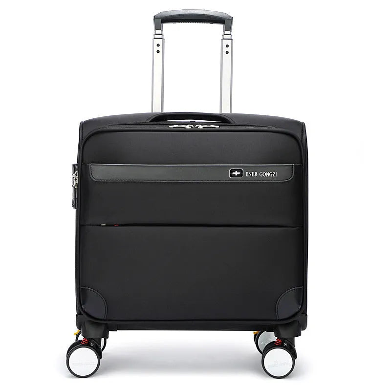 18-inch black Oxford cloth cabin suitcase with telescopic handle and wheels.