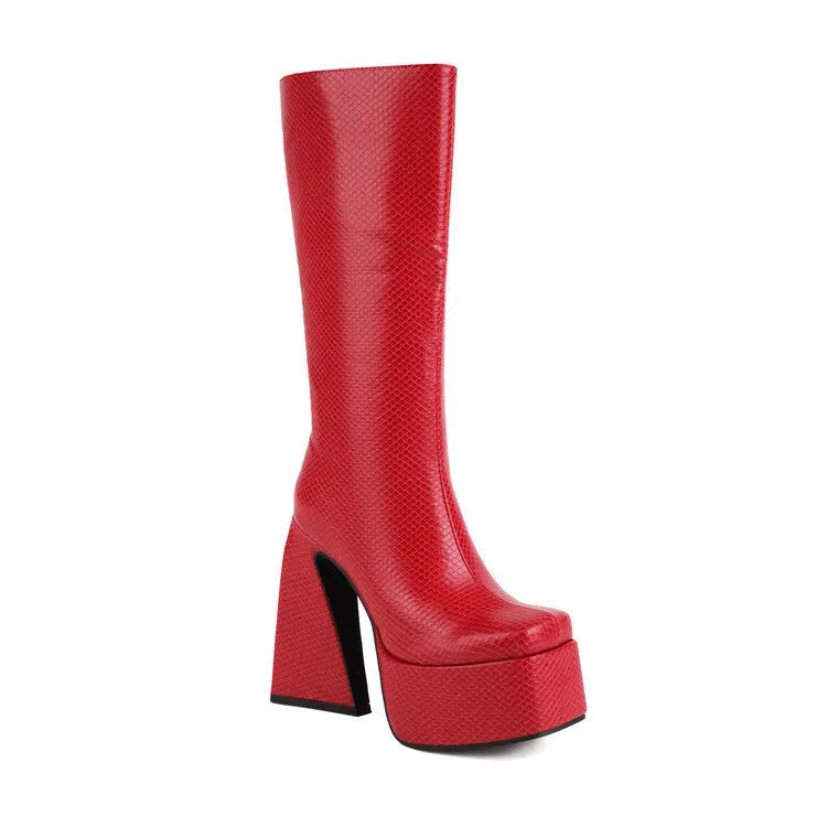 Women's casual high boot in artificial PU leather, shown in black, red, blue, and white colour options.