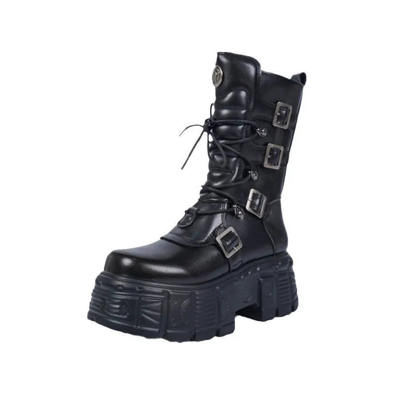 Black dark punk platform lace-up mid-calf boots with metal tank detail, high heel and rubber sole
