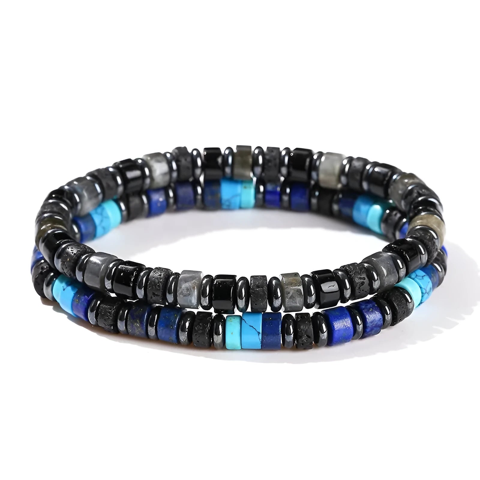 Natural volcanic rock haematite spacer bead bracelet with 6mm geometry beads in blue or grey colour options