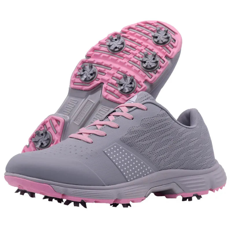 Women's waterproof golf sneakers in white, low-top with front lace closure and microfibre upper