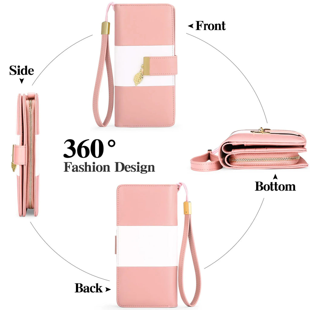A midnight black anti-theft clutch bag with a zip-around lock, shown open to reveal RFID blocking card slots and a microfiber lining.