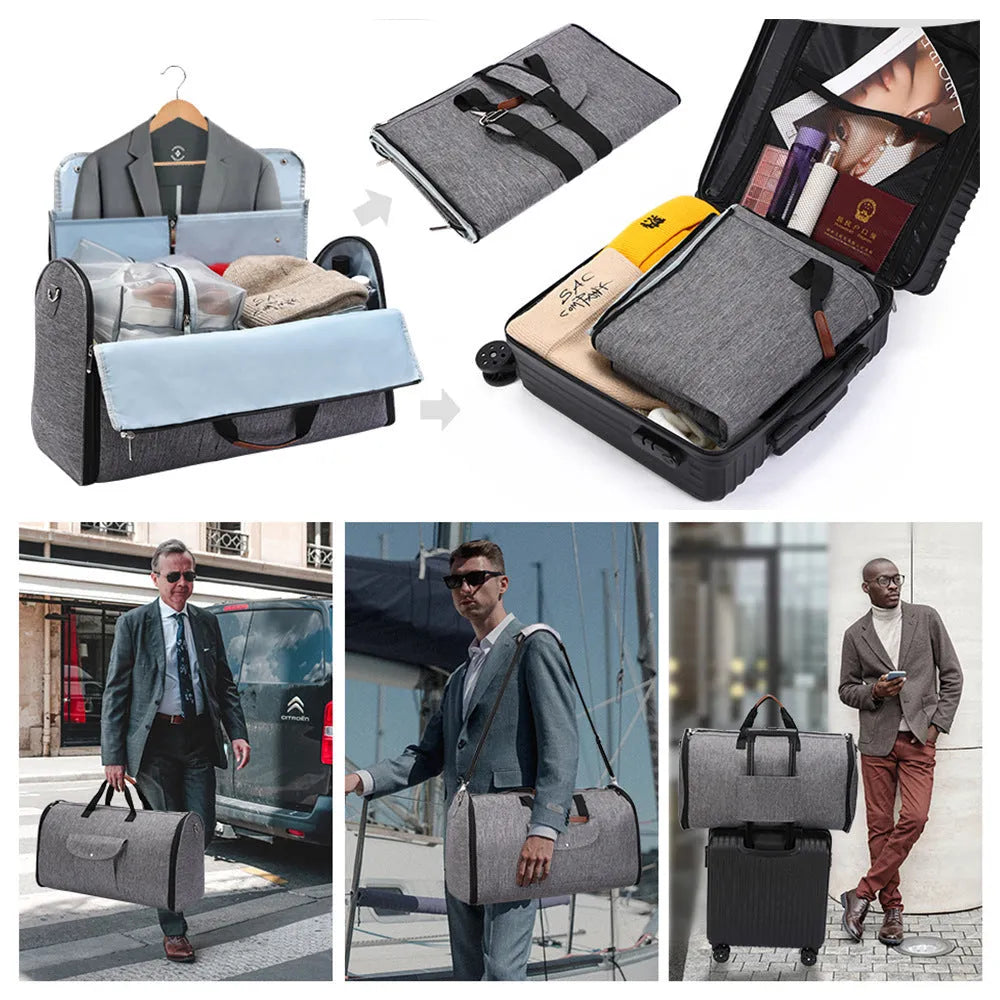 Folding duffel luggage bag in dark blue Oxford cloth with carrying handles.