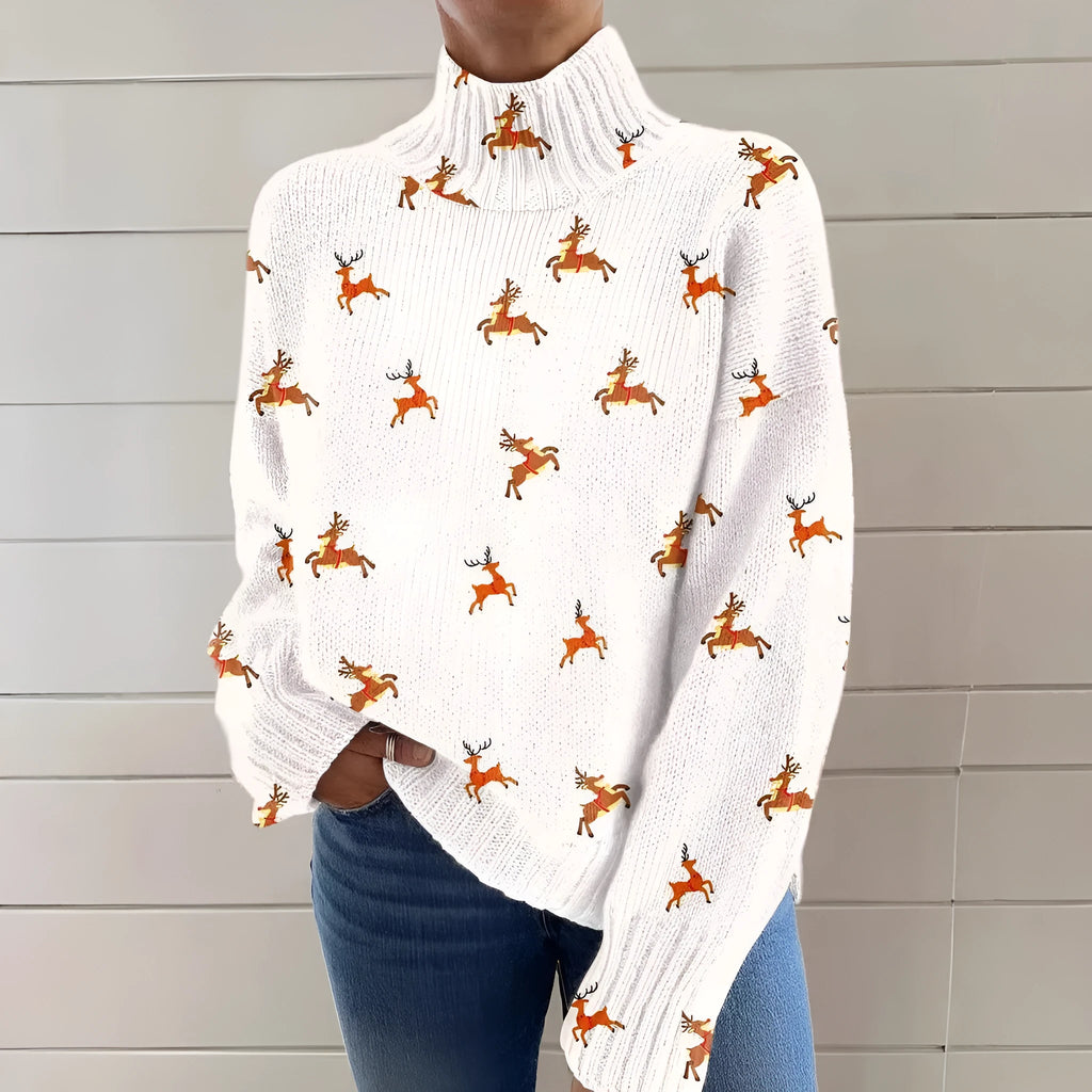 Women's loose-fit Christmas printed turtleneck sweater in a macaron colour