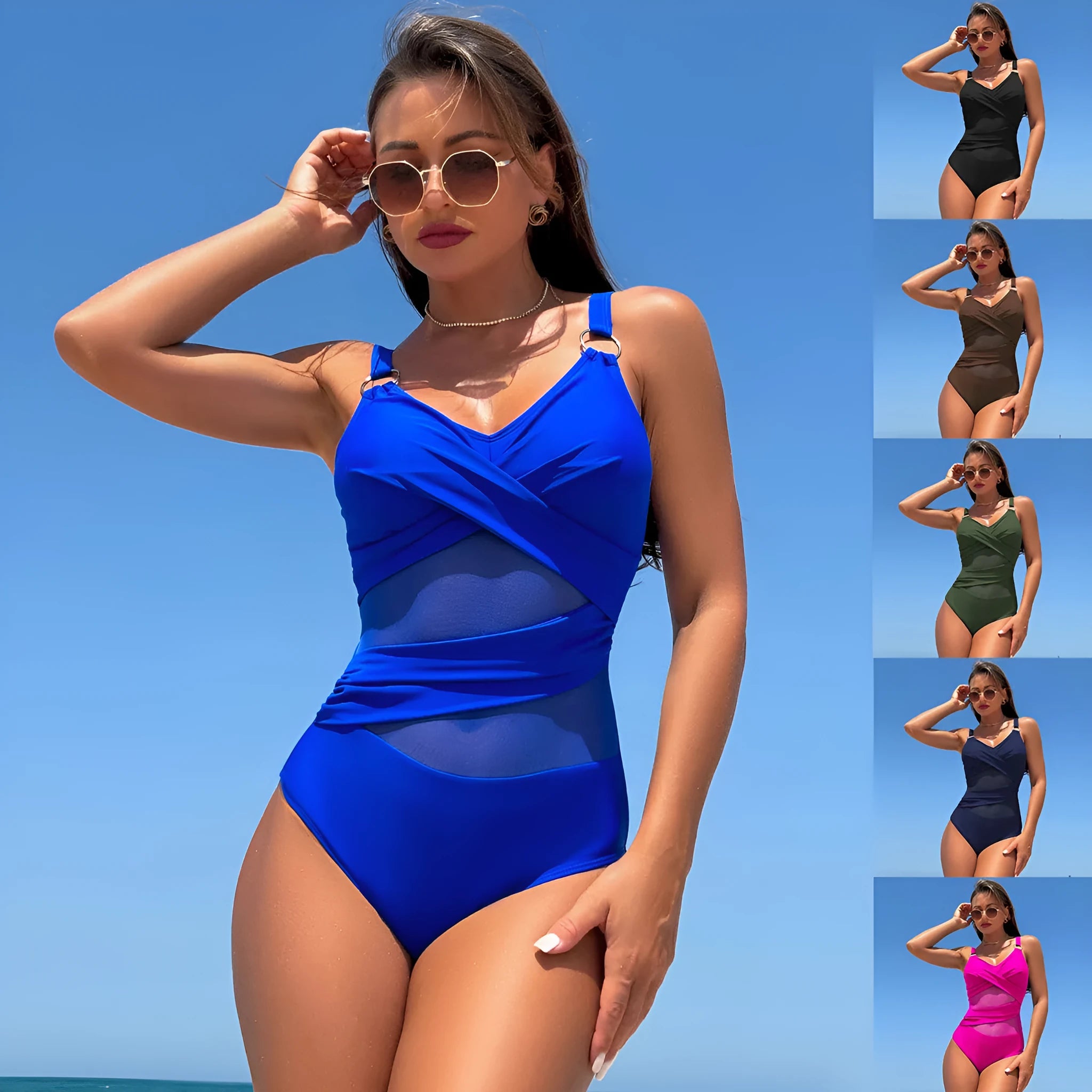 Women's solid colour one-piece swimsuit bikini in quick-dry nylon fabric.