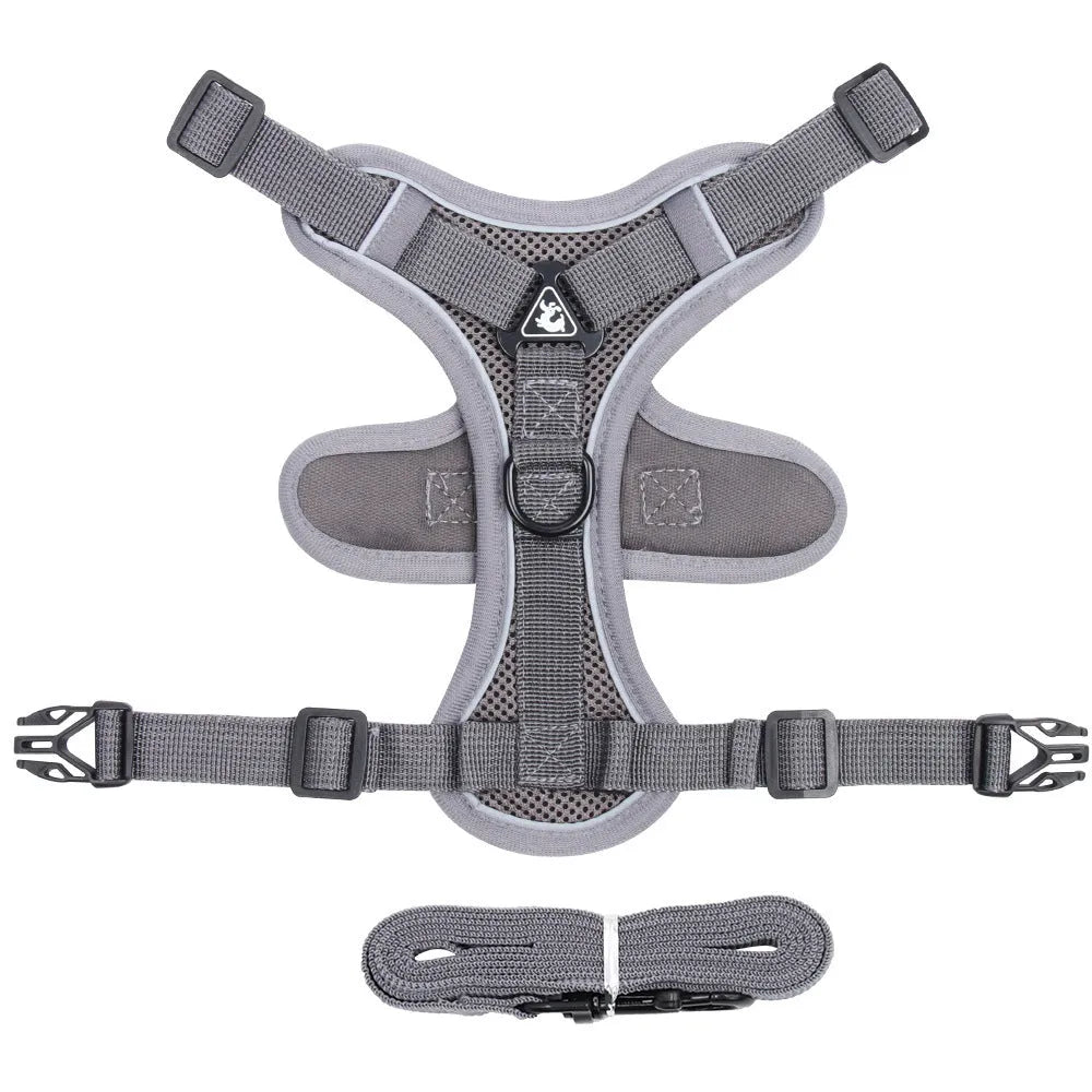Adjustable mesh cat harness with reflective strips in blue, coffee and grey colours