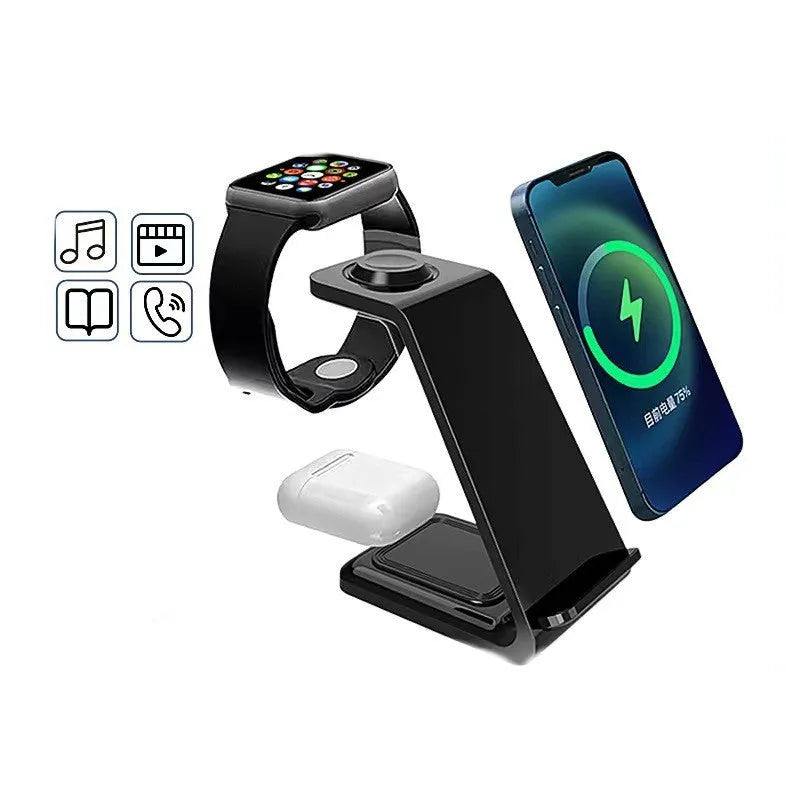 White 3-in-1 upright mobile phone holder and wireless charger with USB port on a desk.