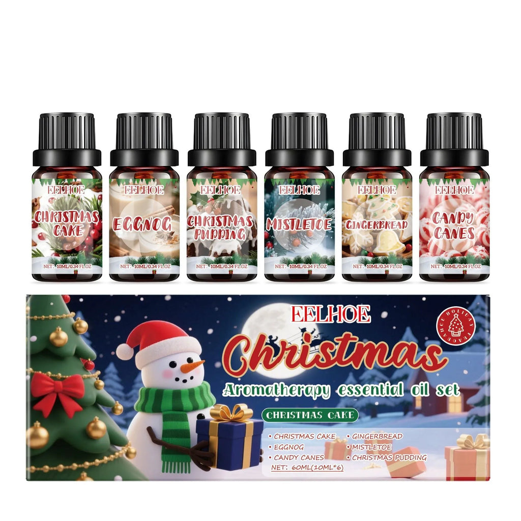 Christmas aromatherapy oil gift set showing six 10ml bottles with warm home fragrance scents