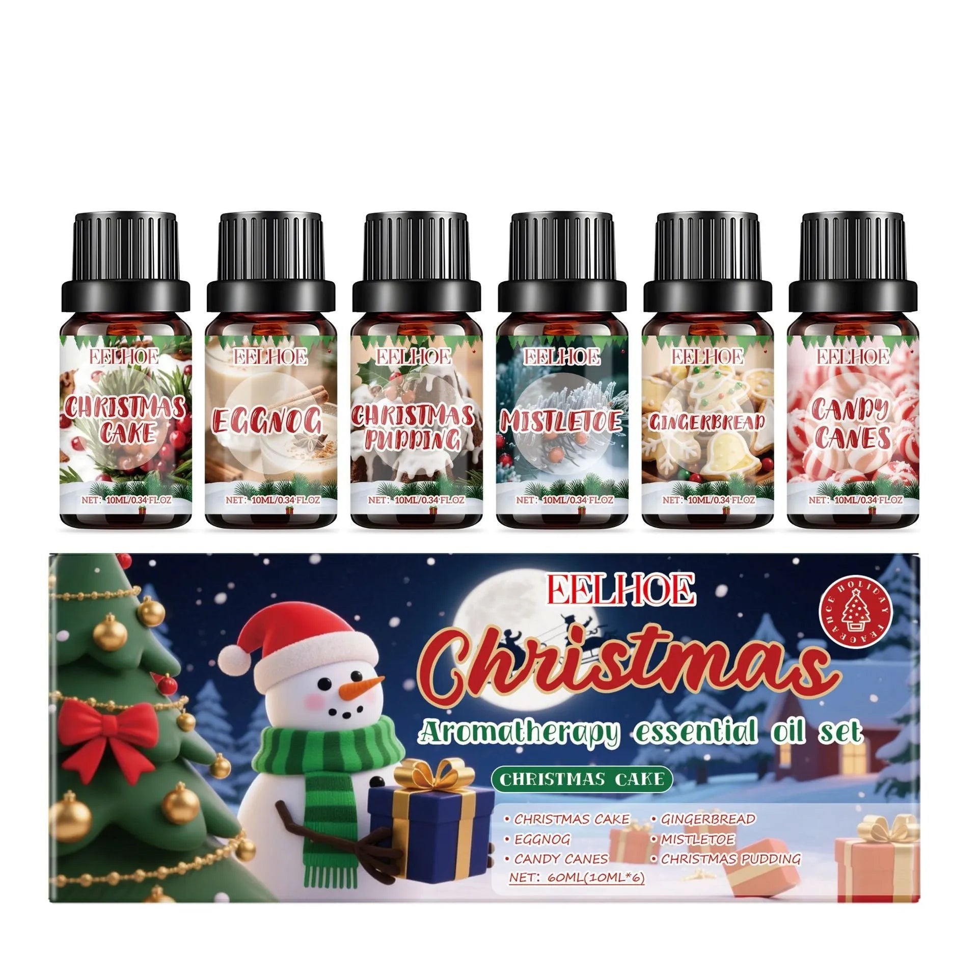 Christmas aromatherapy oil gift set showing six 10ml bottles with warm home fragrance scents