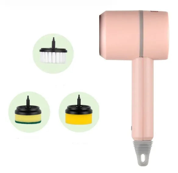 White rechargeable electric cleaning brush with multiple scrubber heads on a kitchen worktop.