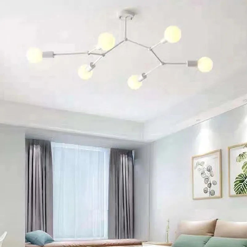 Black iron chandelier ceiling lamp with multiple bulbs in a Nordic style.