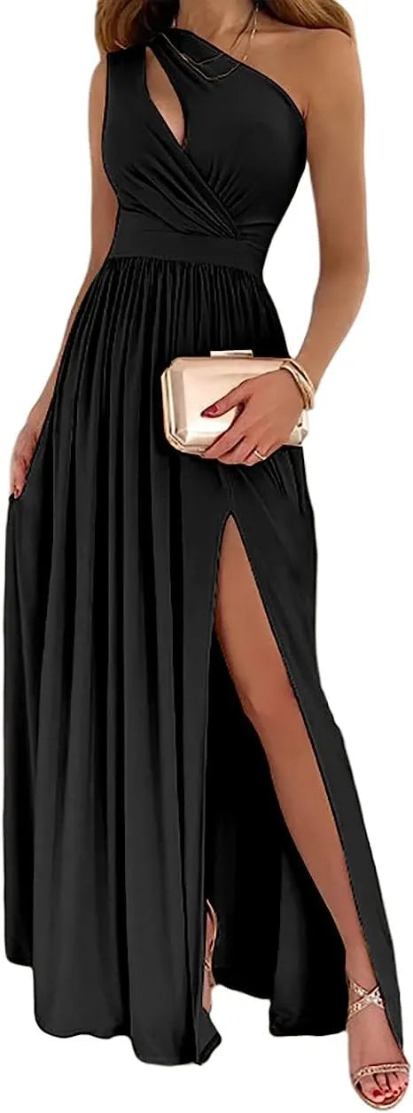 Women's one-shoulder sleeveless maxi dress with high split cutout design in soft lightweight fabric