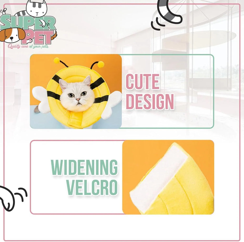 Soft cat cone collar with cute bee design showing Velcro closure for adjustable sizing