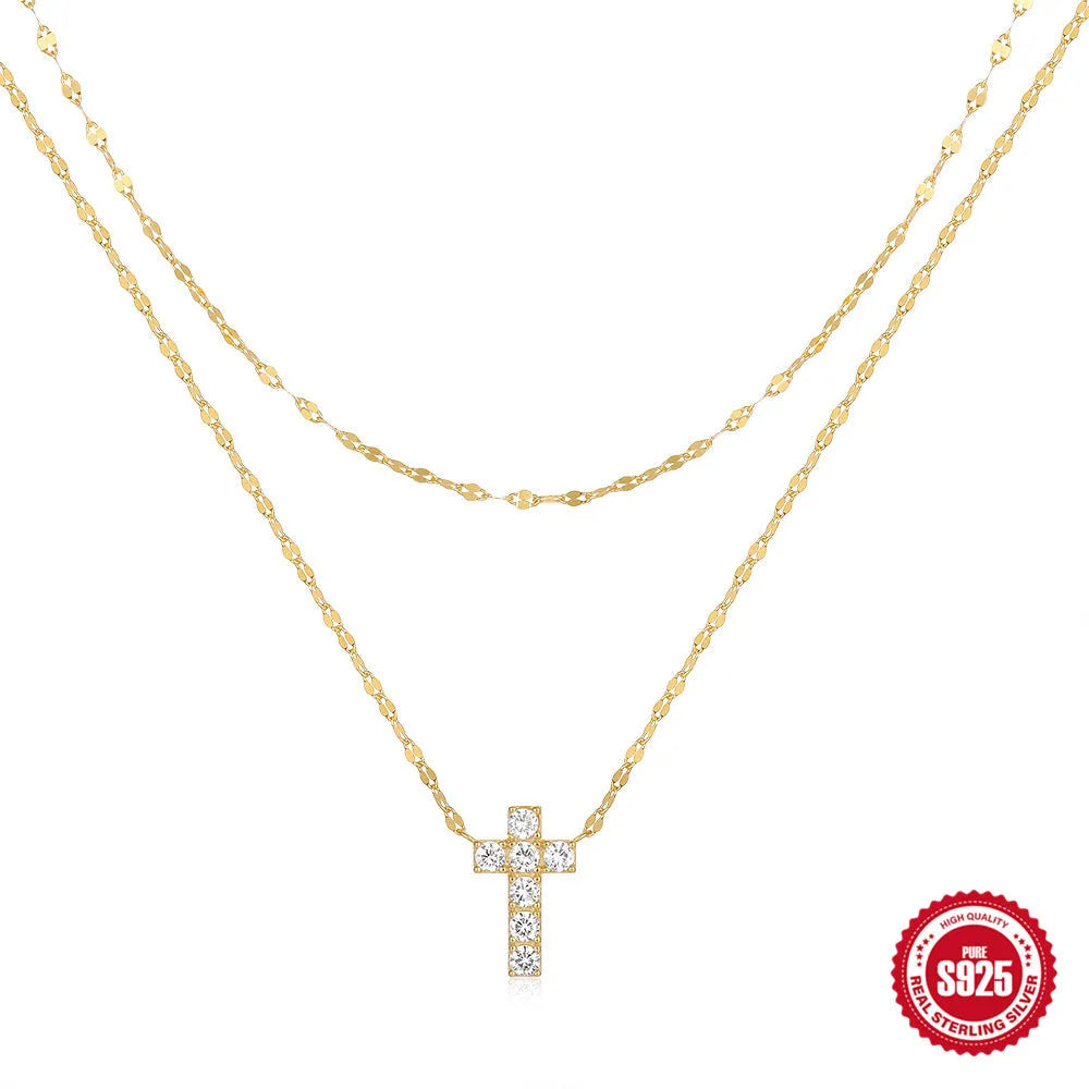 S925 sterling silver double layer twin diamond cross pendant necklace on a clavicle chain in gold or white gold finish.