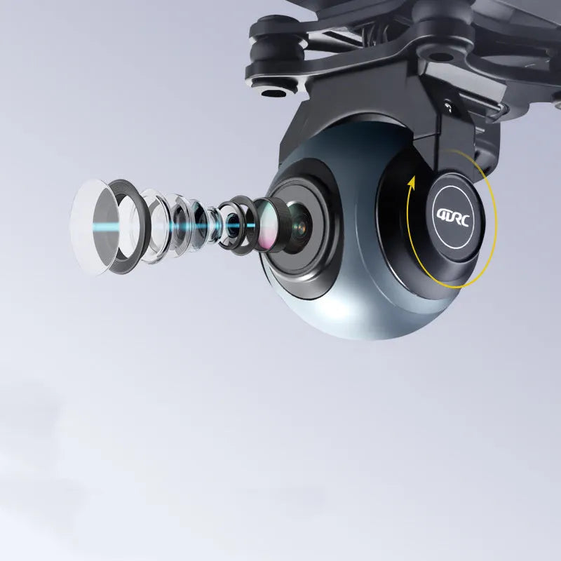 Black plastic quadrocopter drone with four propellers, a camera on front, and a remote control handle.