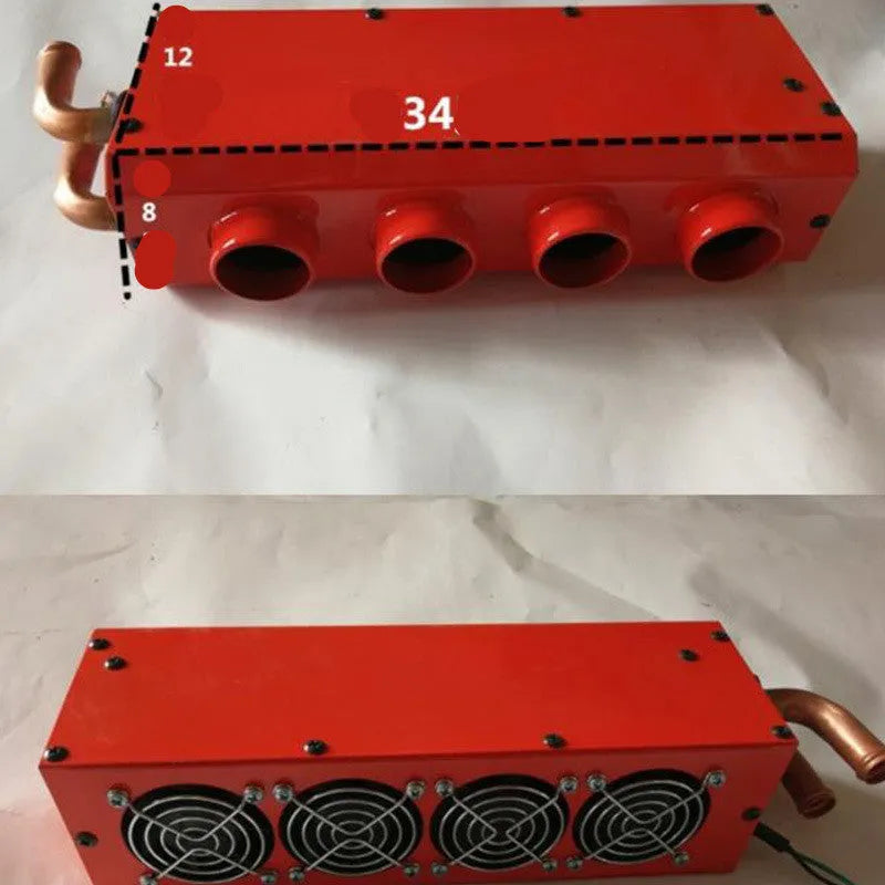 Metal car heater unit with copper pipe connections for 12V 24V auxiliary vehicle heating.