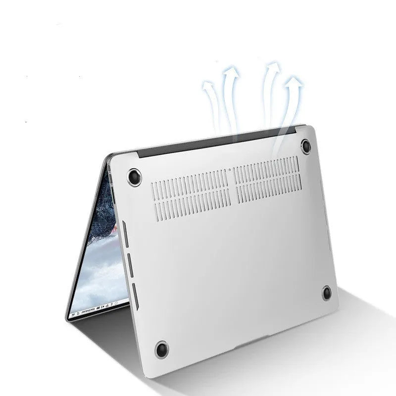 Transparent and black PC hard shell protective cases for a MacBook Pro 14-inch and 16-inch laptop.