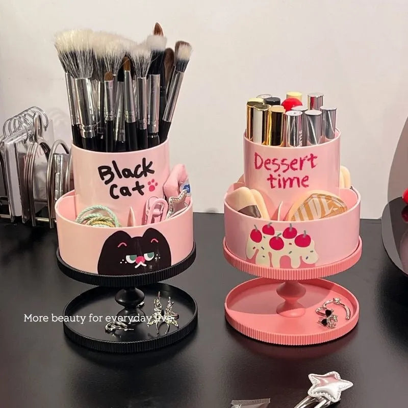 Rotating cosmetic brush storage barrel in a choice of colours on a table, showing its carousel design.