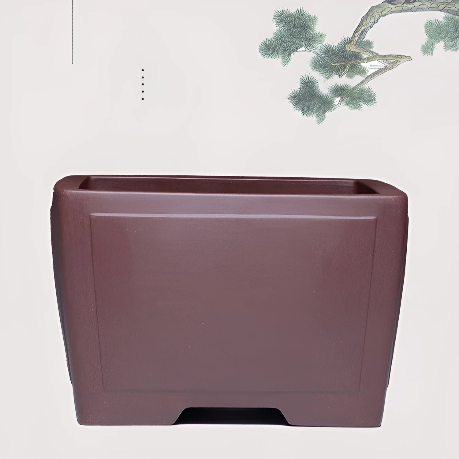 A square purple clay succulent bonsai pot in a classical style on a tabletop.