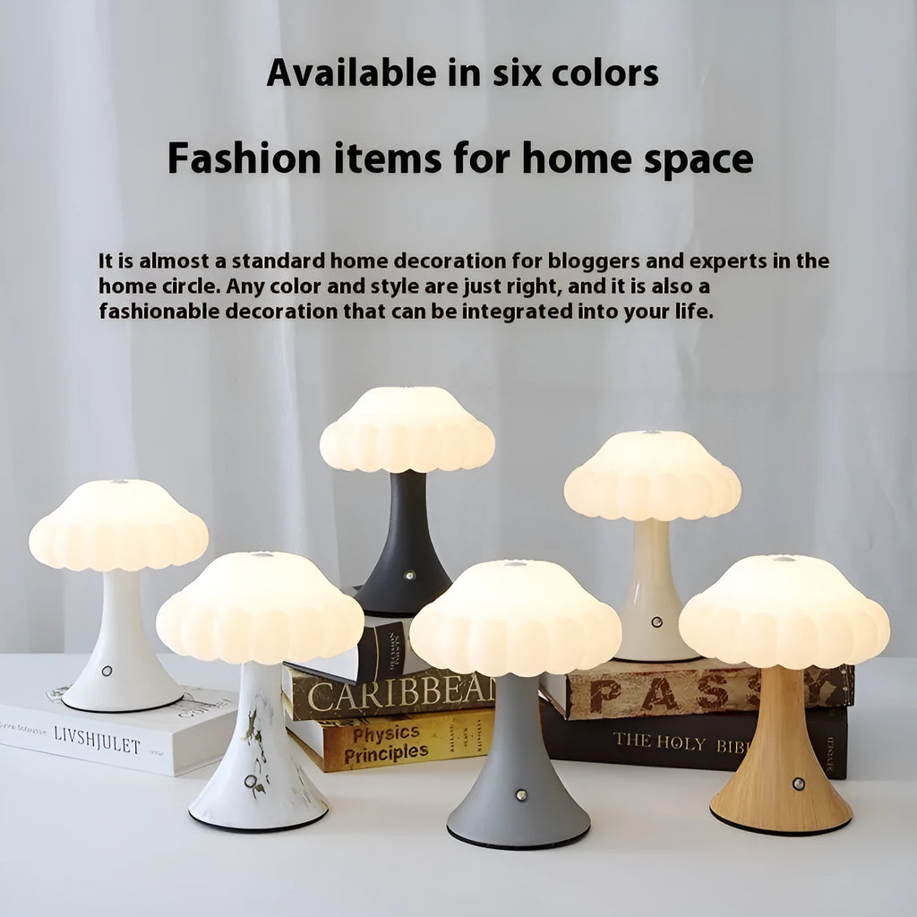Mushroom-shaped touch control table lamp with USB charging port in wood grain colour.