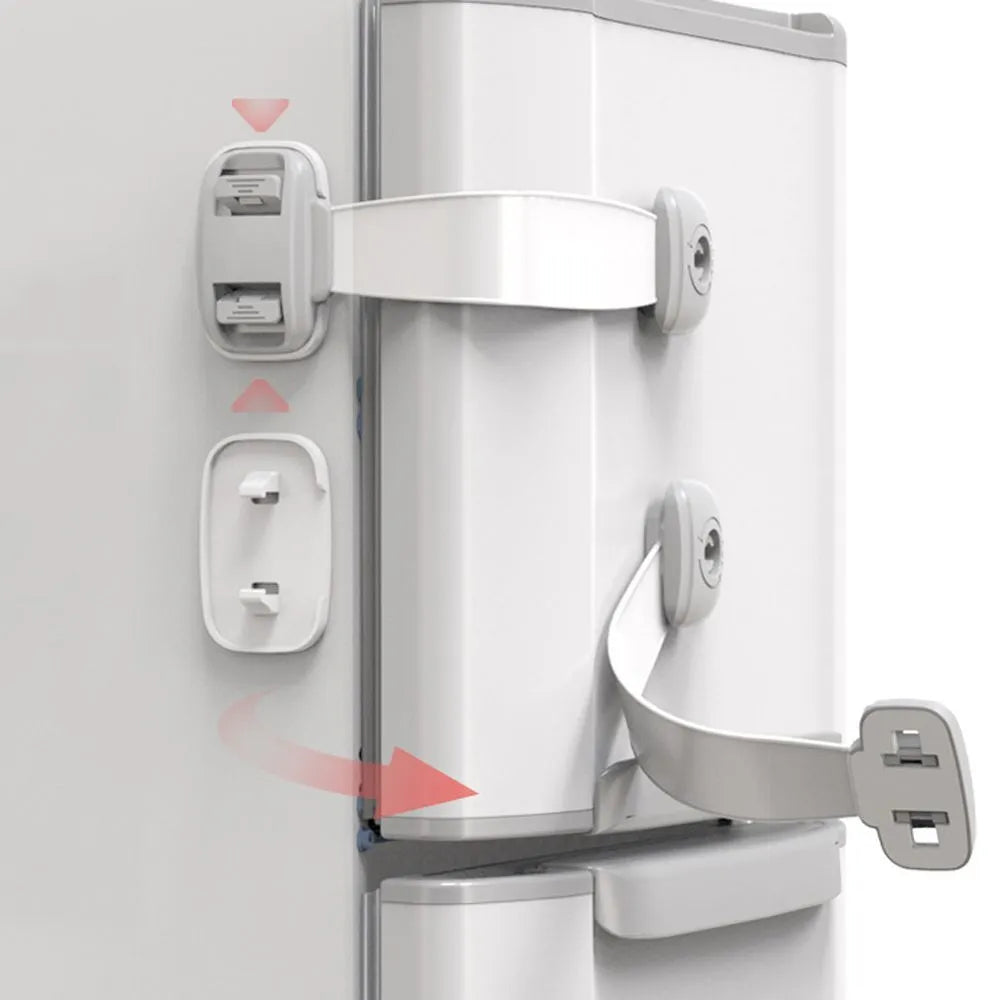 Grey and green adjustable strap child safety locks for cabinets and drawers with adhesive backing.