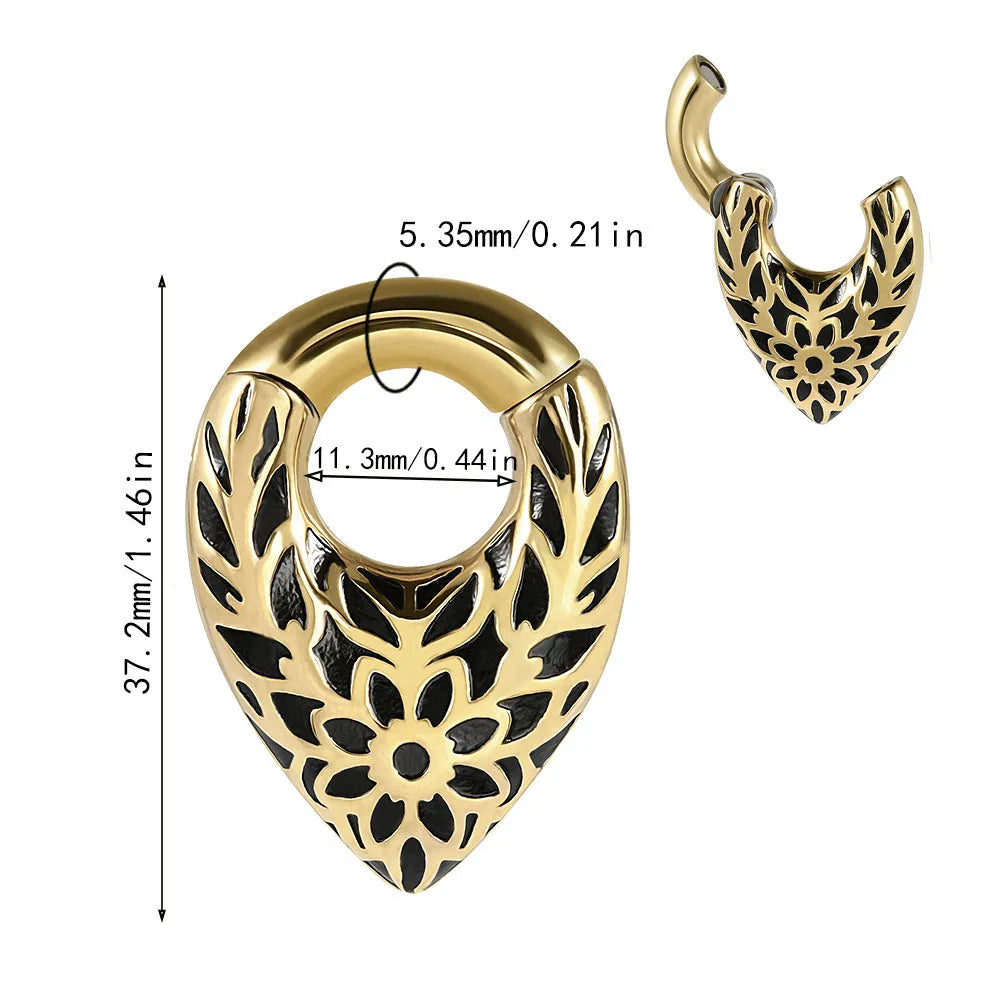 Stainless steel drop-shaped auricle ear extender with round hanging egg design and totem details.