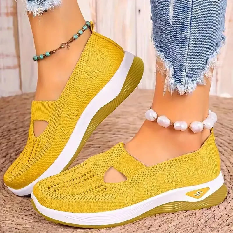 Women's solid colour T-strap mesh casual shoes with soft PVC soles in multiple colour options.