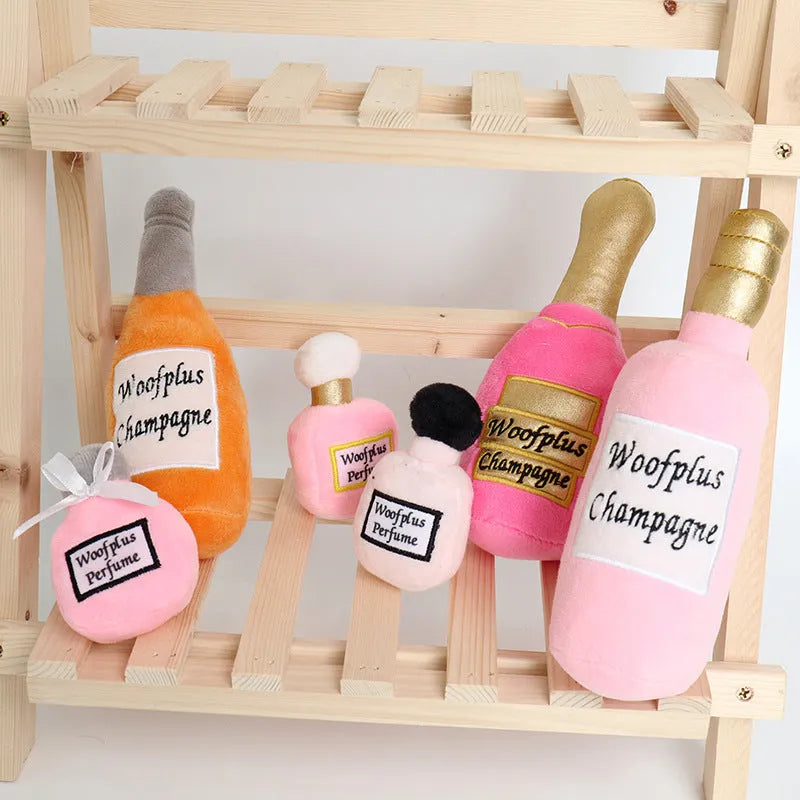 Plush wine bottle shaped dog toy with squeaker in multiple colour variations