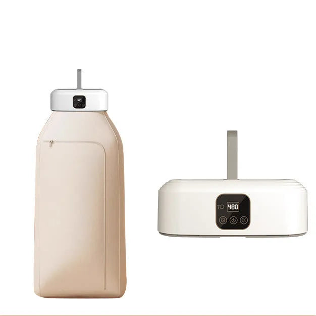 White cylindrical foldable laundry dryer with remote control for dormitory and small space use.