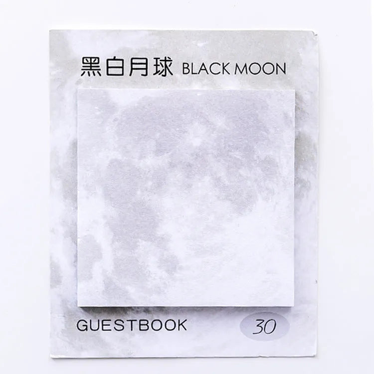 Square planet artwork sticky notes notepad showing 7.3cm dimensions and oil painting celestial designs