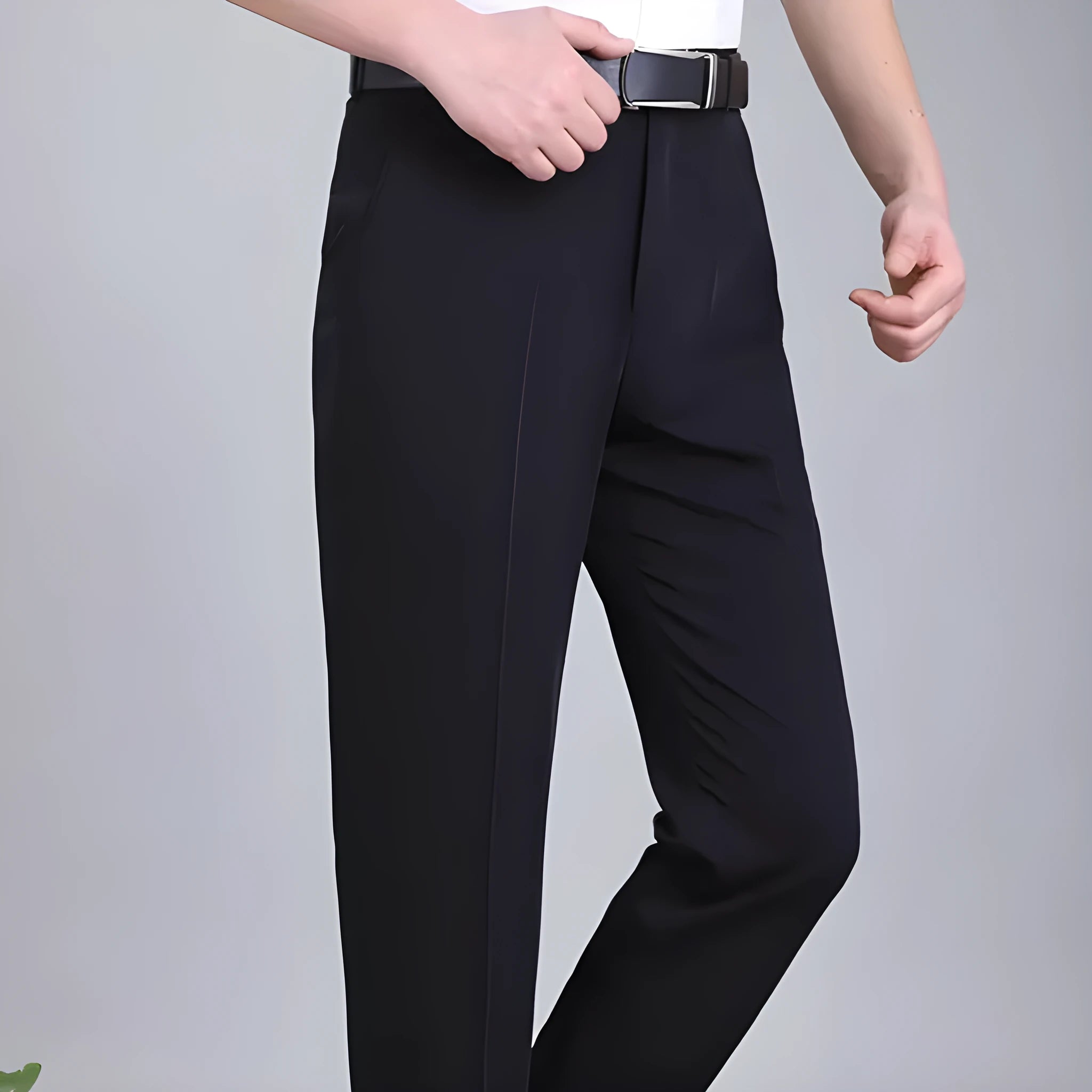 Men's straight leg non-ironing suit trousers in a mulberry silk blend fabric, shown in dark blue.