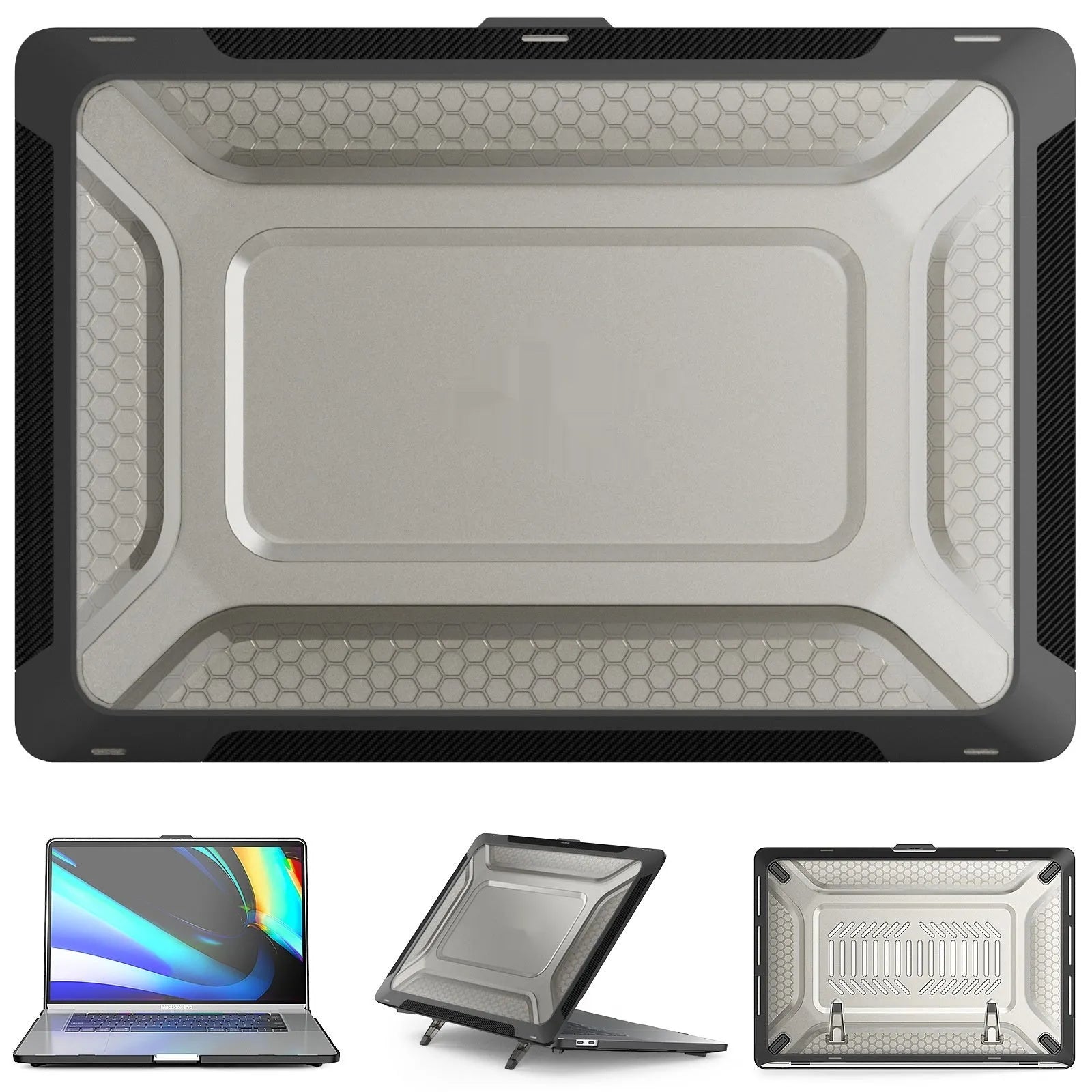 Hard protective shell case for a MacBook laptop in a choice of four colours: cool black, elegant apricot, sapphire blue, and starry sky grey.
