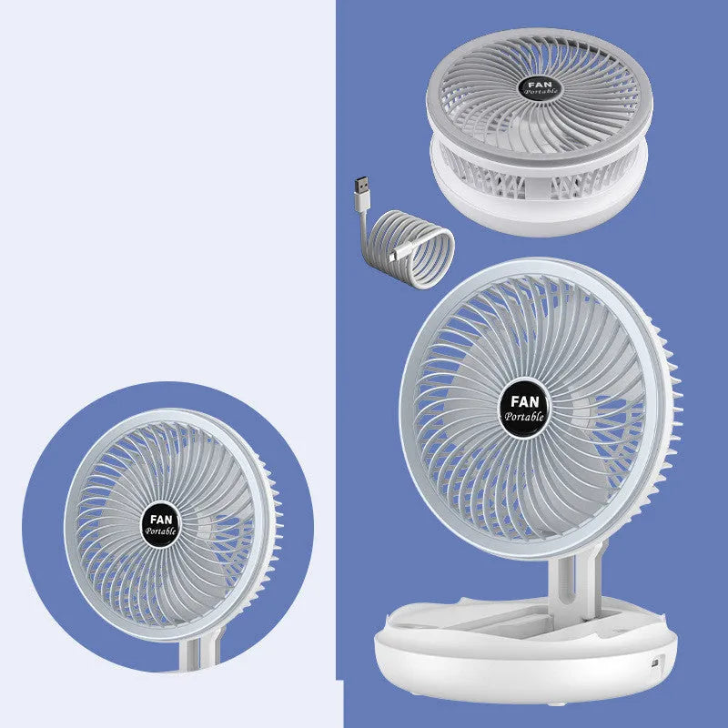 Blue foldable USB desk fan with LED light, shown in open position with 300° head tilt
