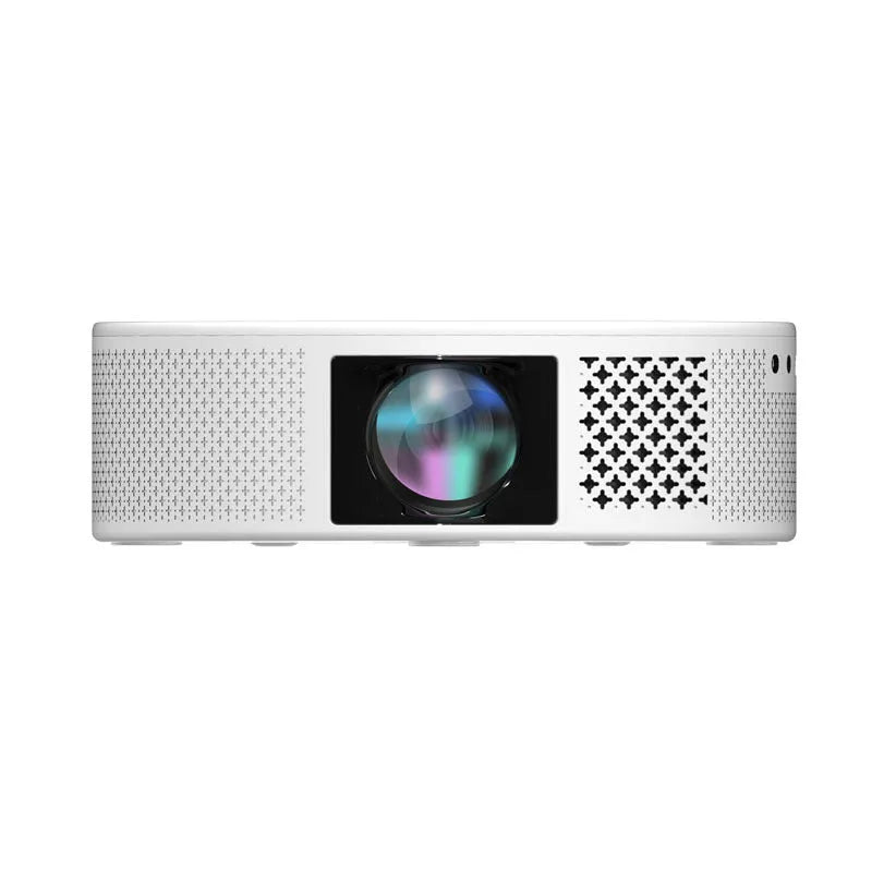 White plastic portable 720p HD wireless projector with electric focus on a table