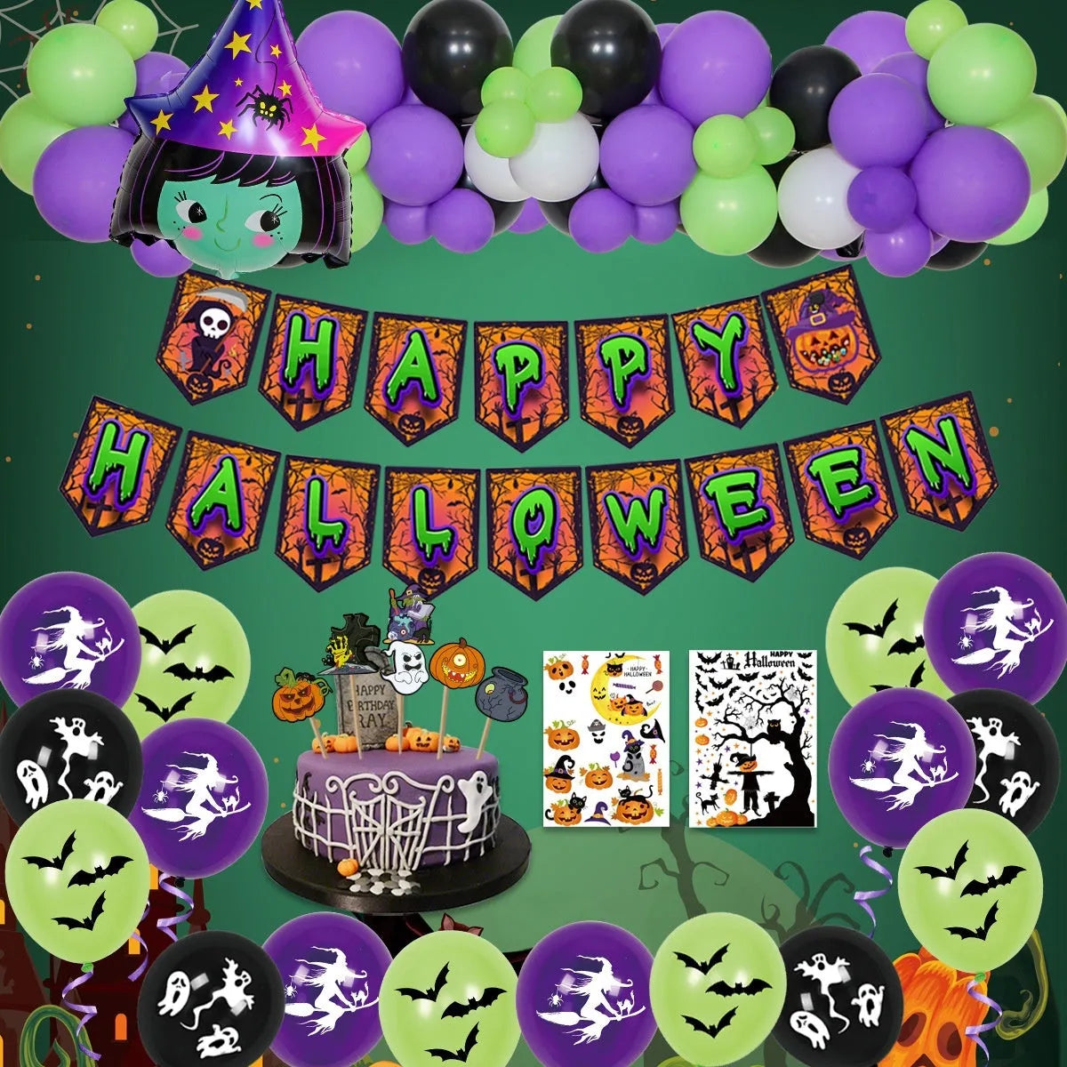 Halloween latex balloon combo with skull, pumpkin and spider web designs in white and black colours