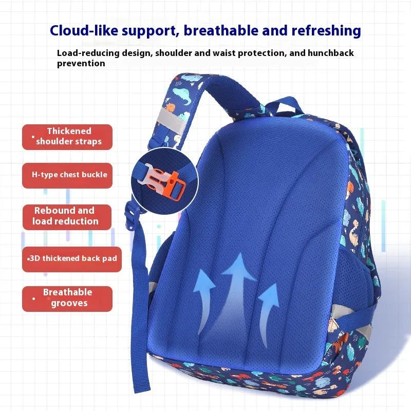 Blue dinosaur pattern children's waterproof school backpack with curved straps on a white background.
