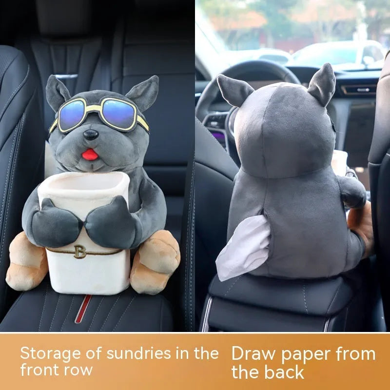 Plush car tissue box organiser hanging from vehicle flip armrest