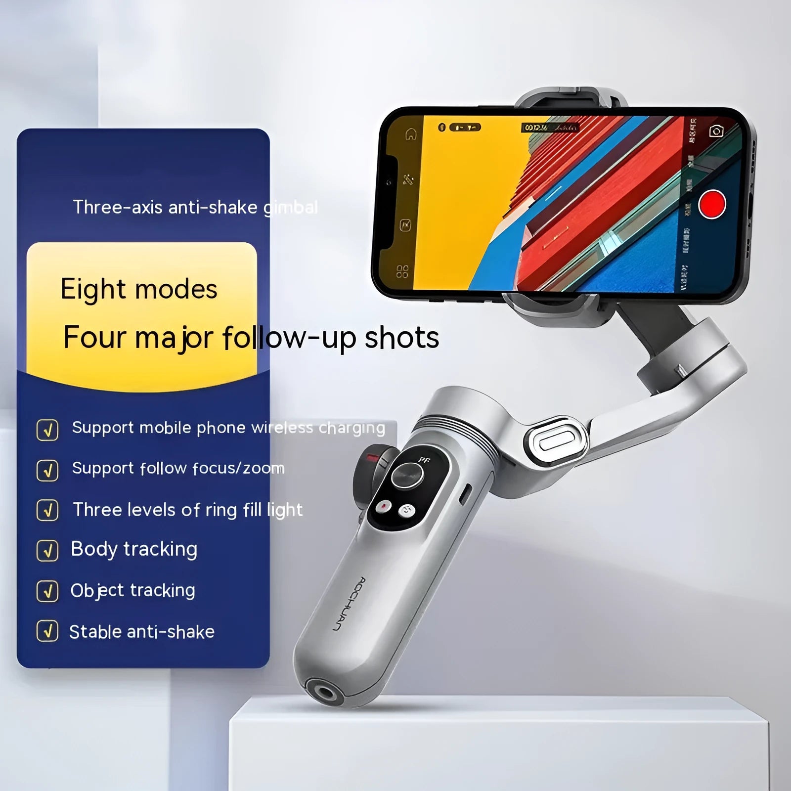 Silver grey Ochan Smart X Pro smartphone gimbal stabiliser with extension rod and storage case