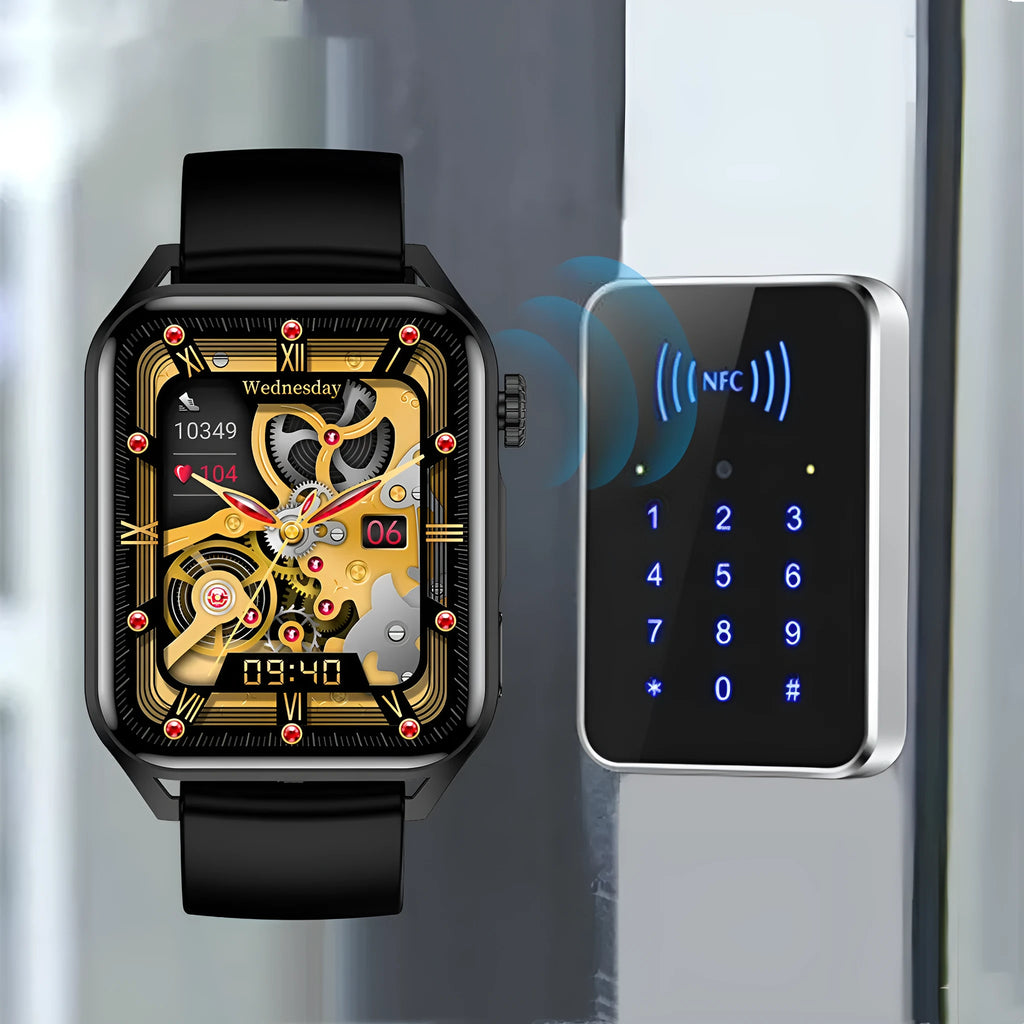 Smart watch with AMOLED display and silicone wrist strap showing touch screen and button controls