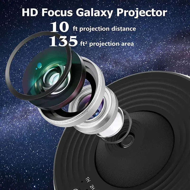 Black and white galaxy projector night light with 360-degree rotation, showing a starry sky film projection on a ceiling