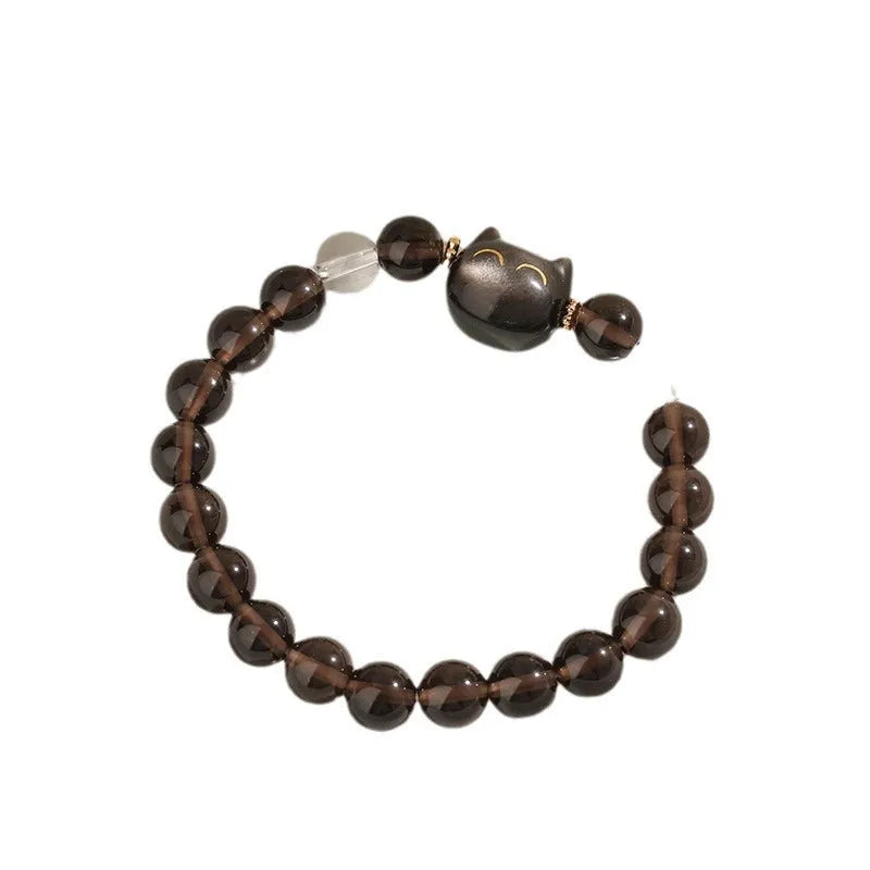 Women's silver-tone cat head bracelet with 8mm ice stone opal and natural silver stone charms on adjustable band