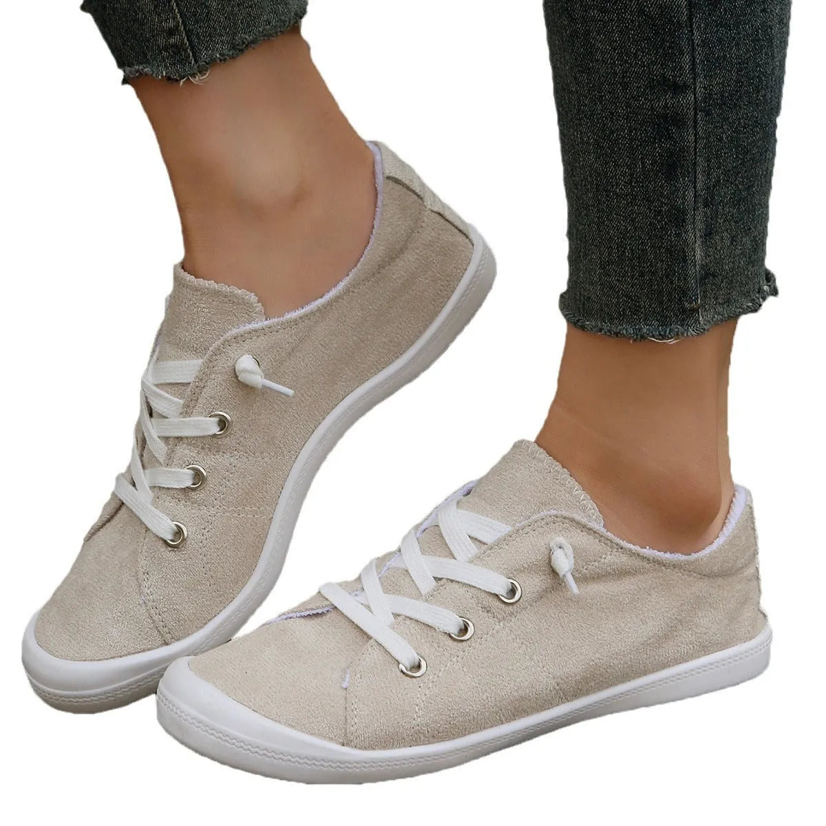 Women's creamy white fabric casual sneakers with rubber sole, low-top design