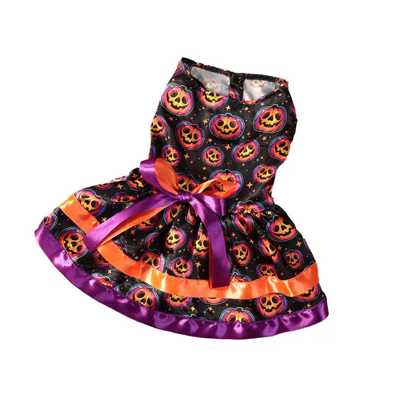 Colourful Halloween dog skirt with pumpkin print, double-layer polyester.