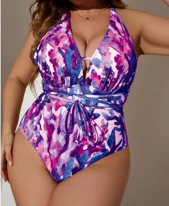 Purple women's halter swimsuit with solid colour briefs on hanger